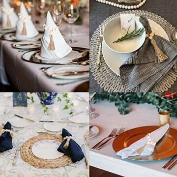 AEKAO Set of 12 Wood Bead Napkin Rings with Jute Rope Tassels for Christmas Farmhouse Wedding Home Dining Table Party Decoration