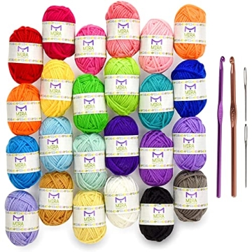 Mira HandCrafts Crochet and Knitting Starter Kit - 24 Acrylic Yarn Skeins for Colorful Projects incl...