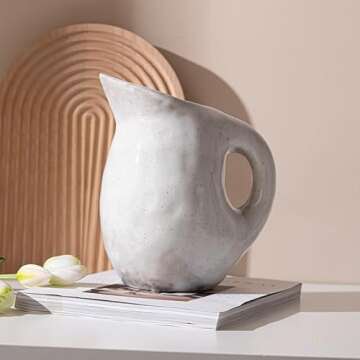 Vintage Ceramic Pitcher, Stain Resistant Stoneware Pitcher Vase with Handle Flower Vase Pitcher for Home Decoration Gift for Mom Housewarming