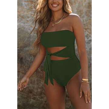 Viottiset Women's Bandeau One Piece Swimsuit Strapless Tie High Cut Out Bathing Suit Dark Green Medi...