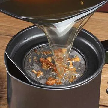 Ourokhome Bacon Grease Container with Strainer- 1.3 L or 5.2 Cup Iron Kitchen Oil Storage Can with Fine Mesh Strainer for Storing Hot Frying Oil, Fat (Black)