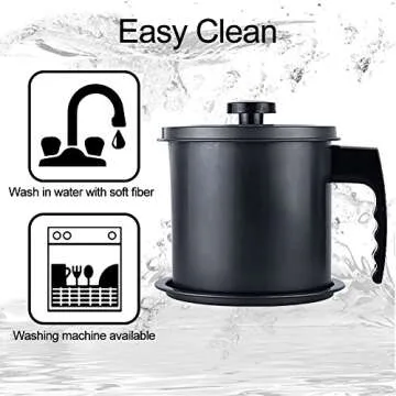 Ourokhome Bacon Grease Container with Strainer- 1.3 L or 5.2 Cup Iron Kitchen Oil Storage Can with Fine Mesh Strainer for Storing Hot Frying Oil, Fat (Black)
