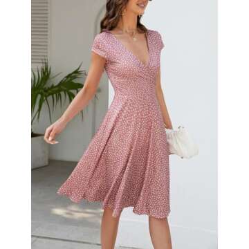 oxiuly Women's Summer Casual Dresses V-Neck Vintage Polka Dot A Line Party Dress OX233 (Pink Dot, s)