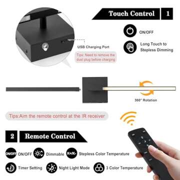 KARTOOSH Battery Operated Rotatable Modern Wall Sconces Set of Two, with Remote Control, 360°Rotation & Adjustable Color & Brightness, LED Black Wireless Wall Light for Living Room, Bedroom, 28.3 Inch