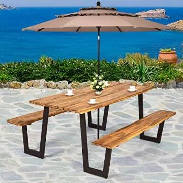 Giantex Picnic Table Bench Set with Umbrella Hole, Outdoor Dining Table Set, 70'' Acacia Wood Picnic...