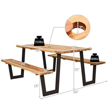 Giantex Picnic Table Bench Set with Umbrella Hole, Outdoor Dining Table Set, 70'' Acacia Wood Picnic Beer Table with Metal Frame Patented