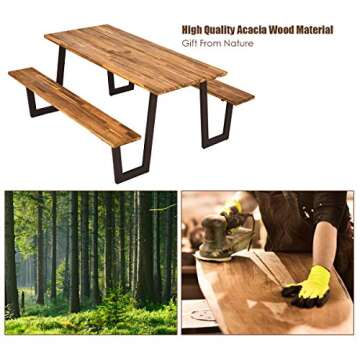 Giantex Picnic Table Bench Set with Umbrella Hole, Outdoor Dining Table Set, 70'' Acacia Wood Picnic Beer Table with Metal Frame Patented