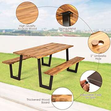 Giantex Picnic Table Bench Set with Umbrella Hole, Outdoor Dining Table Set, 70'' Acacia Wood Picnic Beer Table with Metal Frame Patented