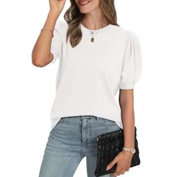 WIHOLL Short Sleeve Sweater for Women Trendy Puff Short Sleeve T Shirts Business Casual Summer Outfits Tops Tshirts Cruise Work Teacher Beach Vacation Clothes White S