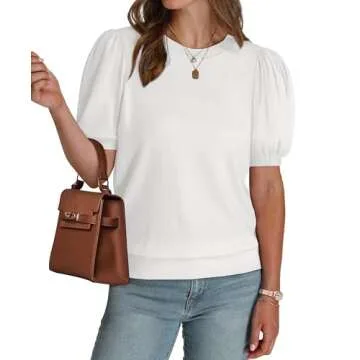 WIHOLL Short Sleeve Sweater for Women Trendy Puff Short Sleeve T Shirts Business Casual Summer Outfits Tops Tshirts Cruise Work Teacher Beach Vacation Clothes White S