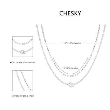 CHESKY Layered Silver Necklaces for Women, 14K Dainty Gold Plated Necklaces for Women Trendy Paperclip Toggle Chain Necklace Gold Jewelry Necklaces Gift for Her