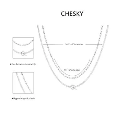 CHESKY Layered Silver Necklaces for Women, 14K Dainty Gold Plated Necklaces for Women Trendy Paperclip Toggle Chain Necklace Gold Jewelry Necklaces Gift for Her