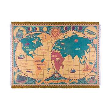 MayNest World Map Throw Blanket Reversible Hippie Bohemian Vintage Yellow Red Knitted Large Fringed ...