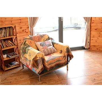 MayNest World Map Throw Blanket Reversible Hippie Bohemian Vintage Yellow Red Knitted Large Fringed Cotton Woven Tapestry Colorful Boho Fantasy Rug Sofa Loveseat Chair Recliner Couch Cover (S: 51x71)