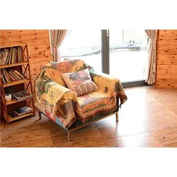 MayNest World Map Throw Blanket Reversible Hippie Bohemian Vintage Yellow Red Knitted Large Fringed Cotton Woven Tapestry Colorful Boho Fantasy Rug Sofa Loveseat Chair Recliner Couch Cover (S: 51x71)