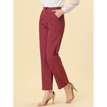 Allegra K Women's Plaid Pants Elastic Waist Casual Work Office Long Trousers X-Large Red