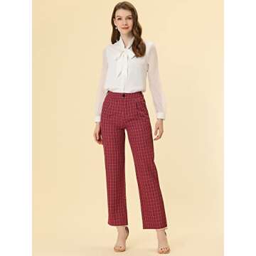 Allegra K Women's Plaid Pants Elastic Waist Casual Work Office Long Trousers X-Large Red