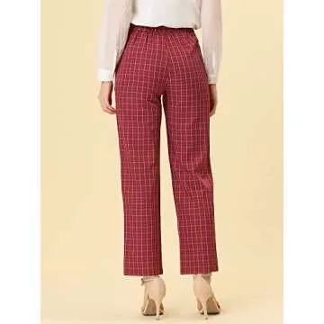 Allegra K Women's Plaid Pants Elastic Waist Casual Work Office Long Trousers X-Large Red