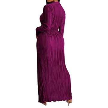 Womens Sexy Long Sleeve Deep V Neck Lapel Ruffles Bodycon Split Party Clubwear Solid Long Dress Purple