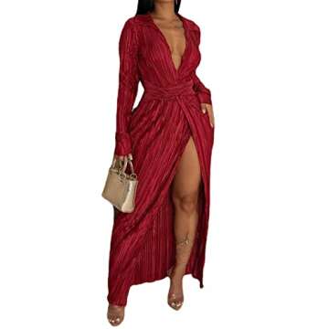 Womens Sexy Long Sleeve Deep V Neck Lapel Ruffles Bodycon Split Party Clubwear Solid Long Dress Purple