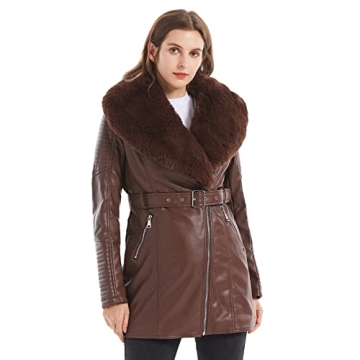 GRAN ORIENTE Brown Faux Leather Jacket for Women with Faux Fur Collar Long Sleeve Parka with Pockets...