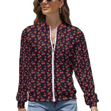 Biocrazy Women's Cherry Print Zip Up Bomber Jacket Long Sleeve Stand Collar Fall Jackets Lightweight...