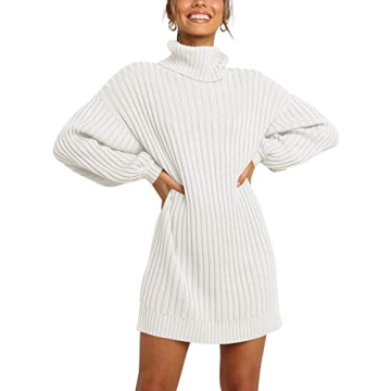 LOGENE Women's Sweater Dress Turtleneck Long Balloon Sleeve Ribbed Knit Oversized Pullover