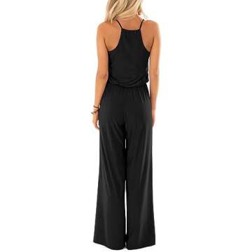 Womens Casual Loose V Neck Sleeveless Spaghetti Strap Wide Leg Pants Jumpsuit Rompers Black Small
