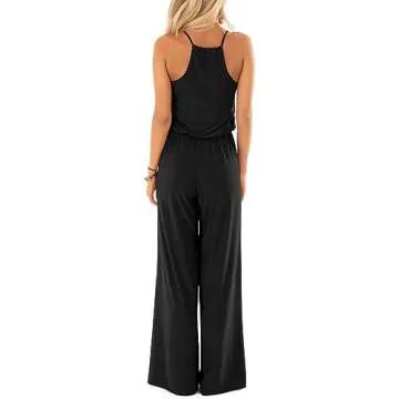 Womens Casual Loose V Neck Sleeveless Spaghetti Strap Wide Leg Pants Jumpsuit Rompers Black Small