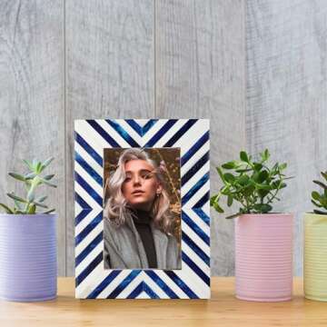 Artwork Craft Picture Photo Frame Chevron Herringbone Art Inspired Vintage Table-Top/Wall Décor Frames (4x6 Inches, Blue,White)