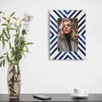 Artwork Craft Picture Photo Frame Chevron Herringbone Art Inspired Vintage Table-Top/Wall Décor Frames (4x6 Inches, Blue,White)