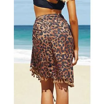 SuperPrity Womens Tassel Sarong Swimsuit Coverup Summer Sexy Swimwear Beach Wrap Skirts-One Size,Leopard