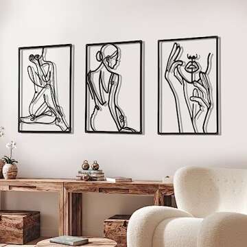 Cindeer 3 Pieces Metal Wall Art Decor 18 Inch Minimalist Modern Abstract Line Home Decor Woman's Body Shape Single Line Wall Art for Kitchen Bedroom Living Room