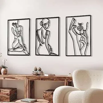 Cindeer 3 Pieces Metal Wall Art Decor 18 Inch Minimalist Modern Abstract Line Home Decor Woman's Body Shape Single Line Wall Art for Kitchen Bedroom Living Room