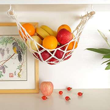 Evbopa Hanging Fruit Hammock for Kitchen Under Cabinet Macrame Basket Bananas Storage with Hooks Dé...