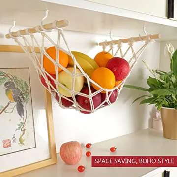 Evbopa Hanging Fruit Hammock for Kitchen Under Cabinet Macrame Basket Bananas Storage with Hooks Décor, White