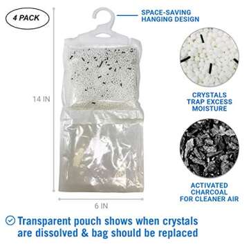 4 Pack Moisture Absorber Hanging Bags, Boat Dehumidifier with Charcoal, Unscented, Removes Dampness ...