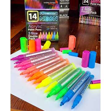 14 Pack Neon UV Fluorescent Acrylic Paint Pens, Double Pack of Both Extra Fine and Medium Tip Paint ...