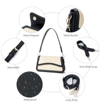 Telena Shoulder Bag for Women Vegen Leather Crossbody bag Shoulder Purse Cross body Bag Waterproof Handbags with 2 Removable Straps Beige with Black