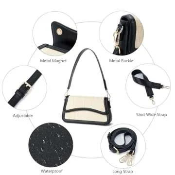 Telena Shoulder Bag for Women Vegen Leather Crossbody bag Shoulder Purse Cross body Bag Waterproof Handbags with 2 Removable Straps Beige with Black