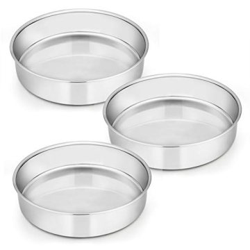 E-far 8 Inch Cake Pan Set of 3, Stainless Steel Round Layer Cake Baking Pans, Non-Toxic & Healthy, M...