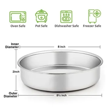 E-far 8 Inch Cake Pan Set of 3, Stainless Steel Round Layer Cake Baking Pans, Non-Toxic & Healthy, Mirror Finish & Dishwasher Safe