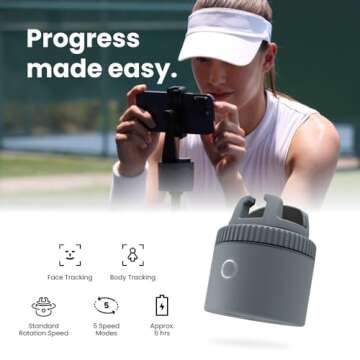 Pivo Sports Lite Pack Auto Tracking Phone Holder, 360° Rotation Phone Stand for Sports Training, Racket Sports, Tennis, Gym, Basketball Video Tracker, Handsfree Photo & Video Recording - Gray