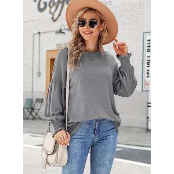 MIHOLL Women's Crew Neck Ruffle Lantern Sleeve Tops Spring Fall Causal Loose Tunic Shirts(Light Gray,XX-Large)