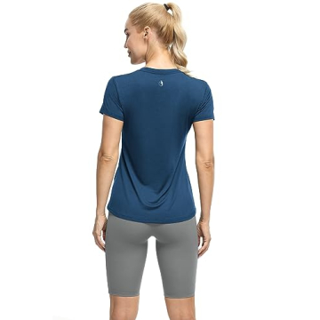 icyzone Workout Shirts Yoga Tops Activewear V-Neck T-Shirts for Women Running Fitness Sports Short Sleeve Tees (Dark Grey/True Navy/Aqua, M)