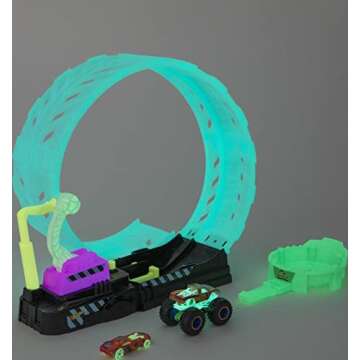 Hot Wheels Monster Trucks Glow in The Dark Epic Loop Challenge Playset with Launcher, Ramp & Giant L...