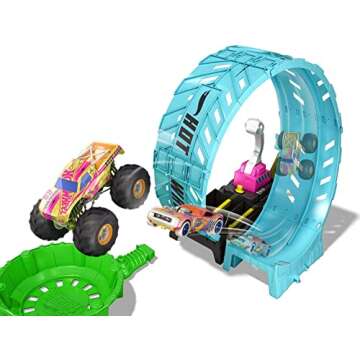 Hot Wheels Monster Trucks Glow in The Dark Epic Loop Challenge Playset with Launcher, Ramp & Giant Loop, Includes 1:64 Scale Die-Cast Toy Truck & Car