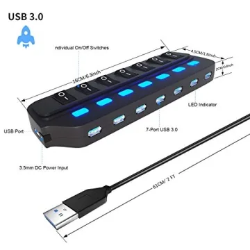 USB Hub 3.0 Splitter with 7 Ports and Individual Switches