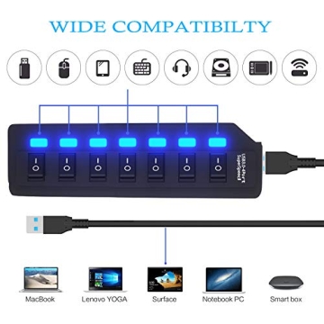 USB Hub 3.0 Splitter with 7 Ports and Individual Switches