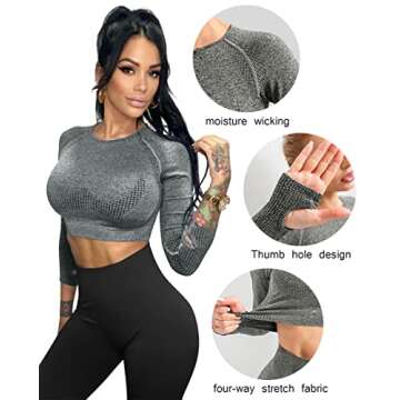 Stylishine Women Seamless Long Sleeve Bodycon Crop Tops Stretch Yoga Athletic Shirts Control Workout Gym Grey